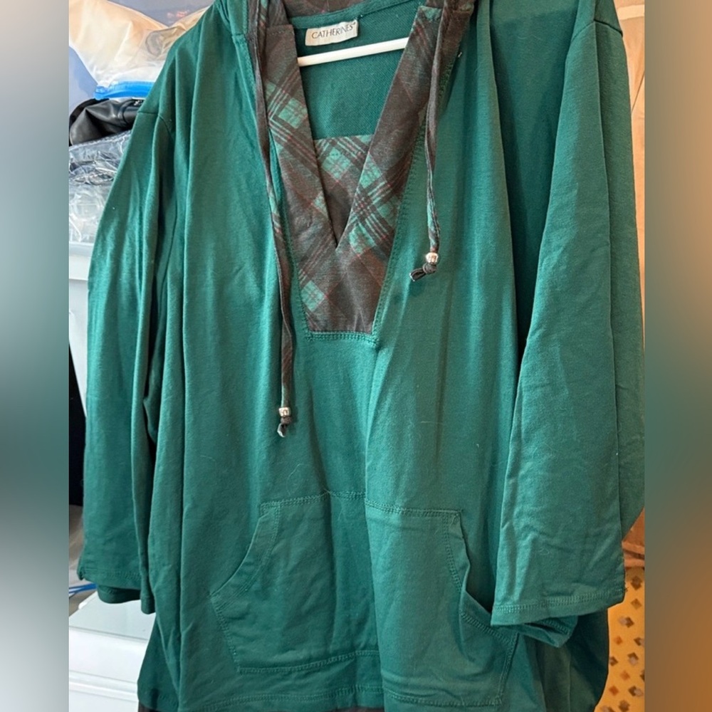 Catherines emerald green Hooded Tunic with Plaid Details